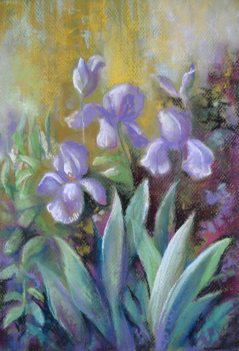 Expressive Botanical Pastel Drawing By Elena Oleniuc, 10 X 15, Irises, Original Artwork