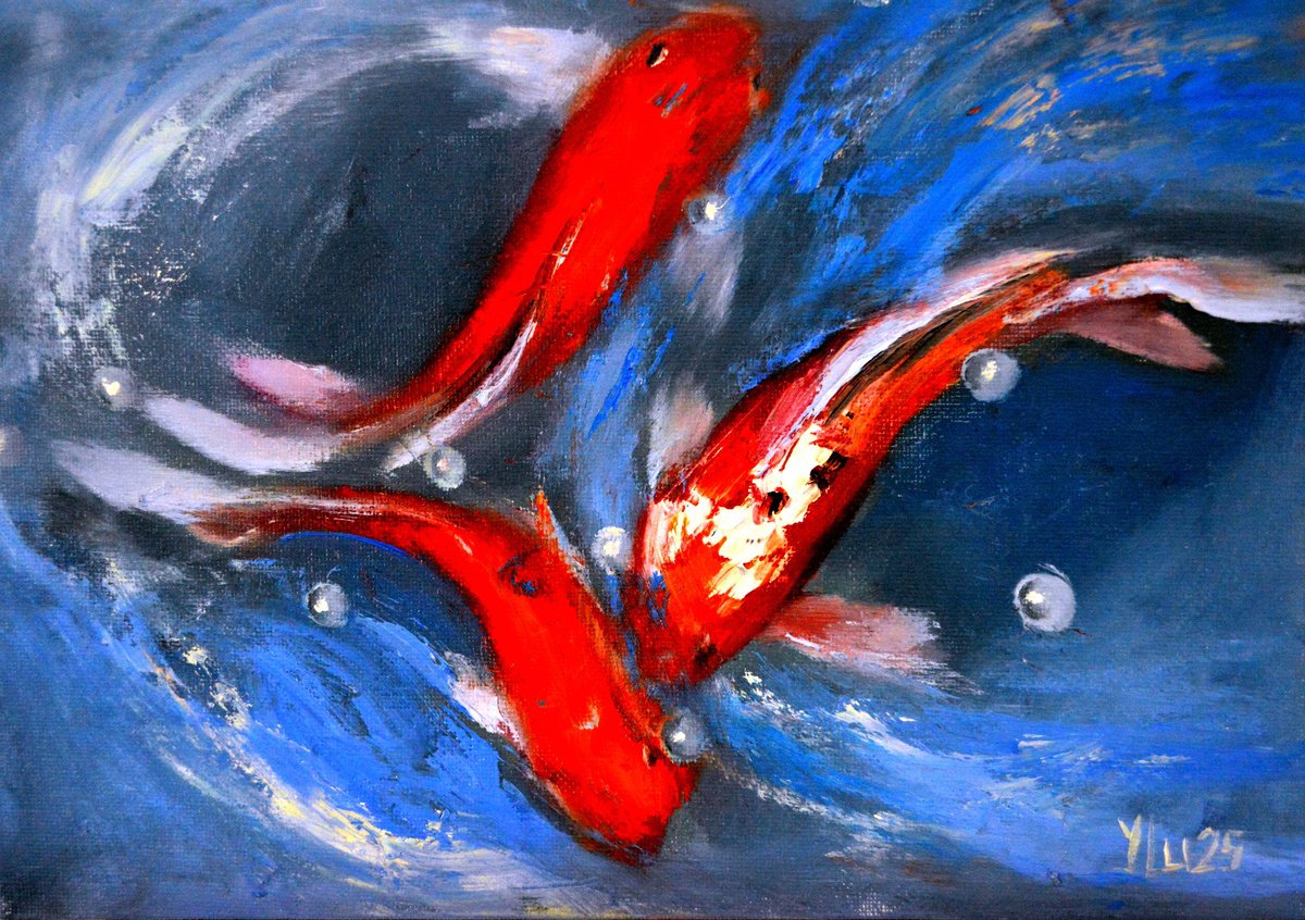 Impressionistic Animal Oil Painting By Elena Lukina, 12 X 8, Sketch With Koi Fish., Original Artwork