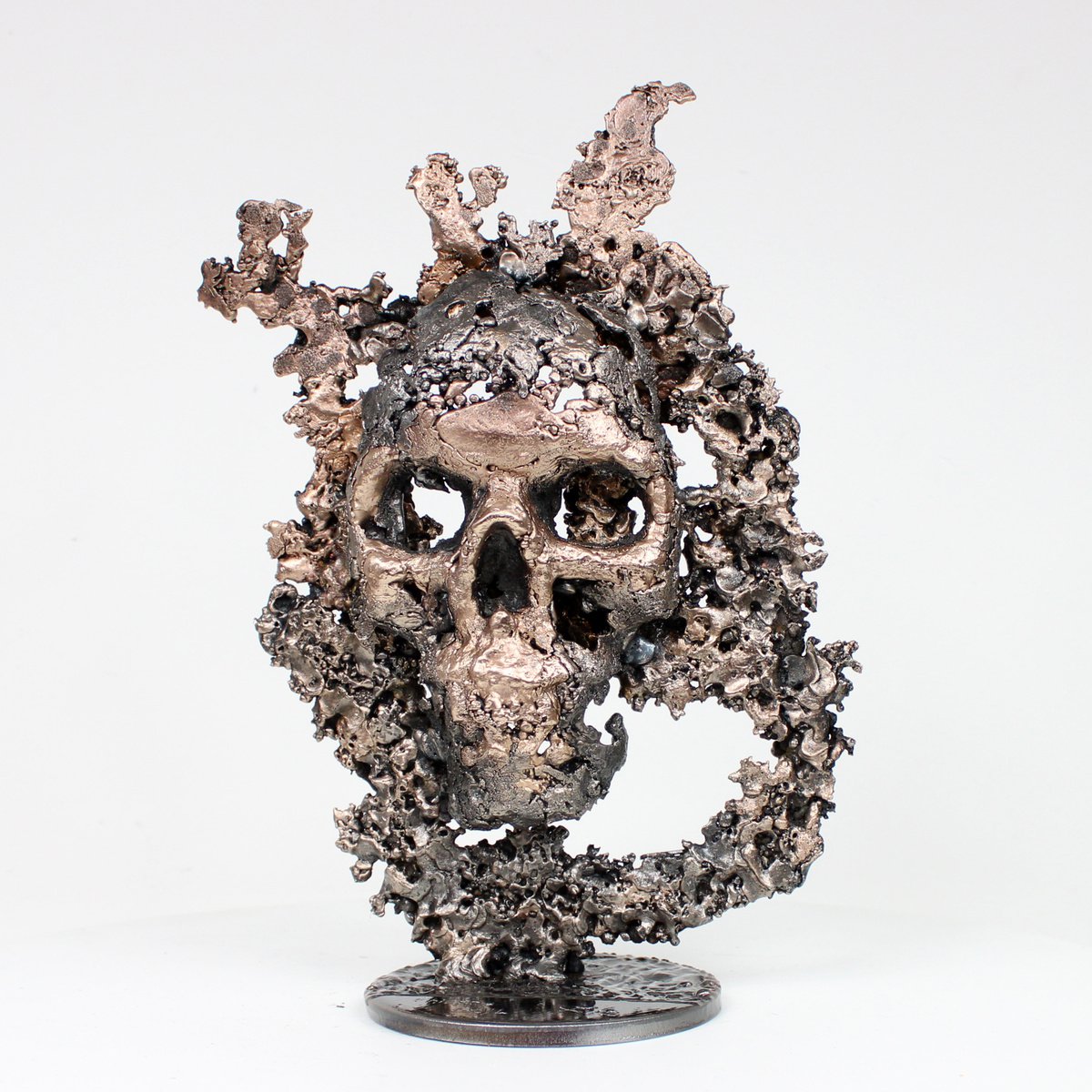Skull mountain 51-22 - Skull in steel and bronze on a lace metal by Philippe Buil