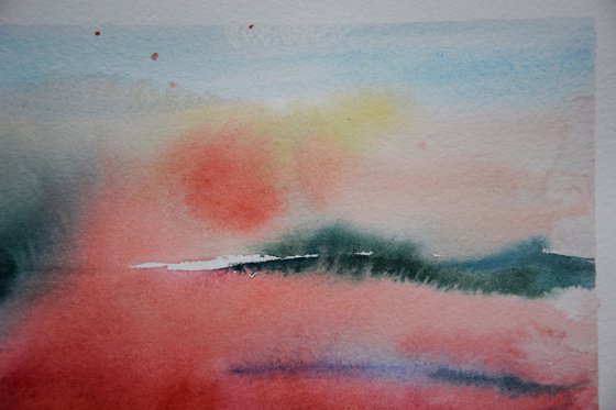 Abstract landscape painting, original watercolor painting, abstract red wall art