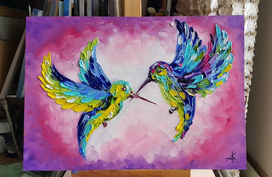 Pink dreams - birds oil painting, hummingbirds, birds, oil painting, love oil painting