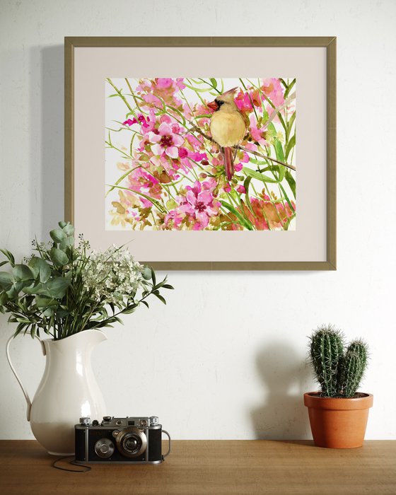 Female Cardinal and Flowers