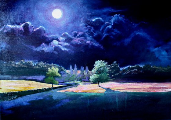 The Serious Moonlight. Landscape, Tree, Moon, Oil Painting.