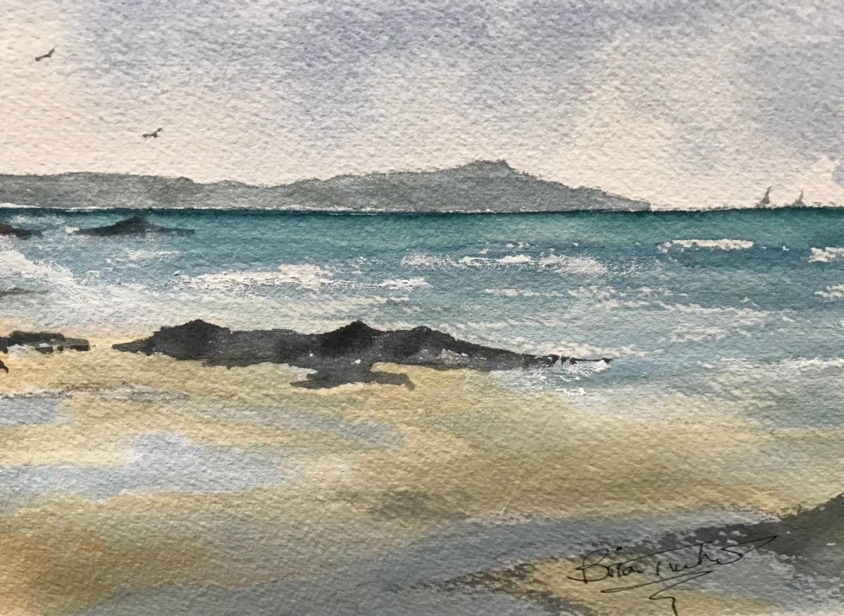 Impressionistic Landscape Watercolour By Brian Tucker, 18 X 9, Cliffs And Beach At Porthtowan, Original Artwork