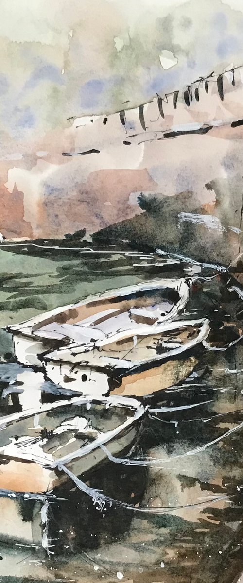 Three boats in Lynmouth harbour by Vicki Washbourne