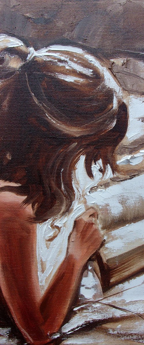 " READING IN BED ...  " book lover original painting ROOM  palette knife GIFT brown by Monika Luniak