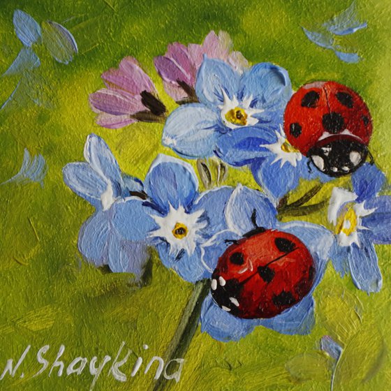 Ladybugs and Blue Flowers