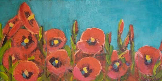 Red Hollyhocks on Turquoise