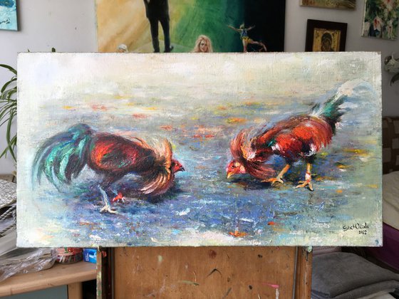 Roosters . Cockfighting . Original oil painting