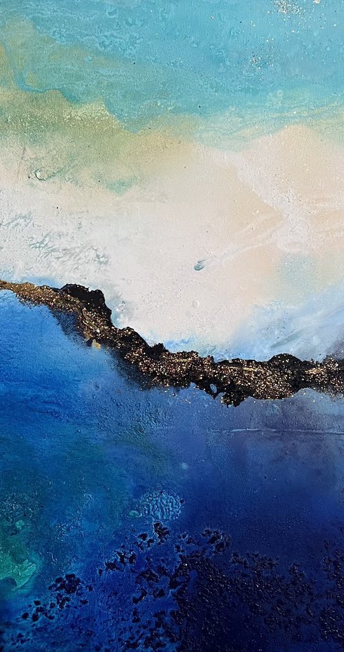 Seascape ocean waves blue turquoise teal with gold fluid painting "Waves of love" by Henrieta Angel