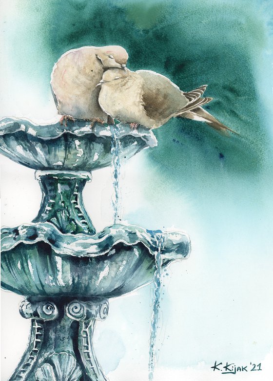 Mourning birds on a fountain, wildlife, birds watercolours