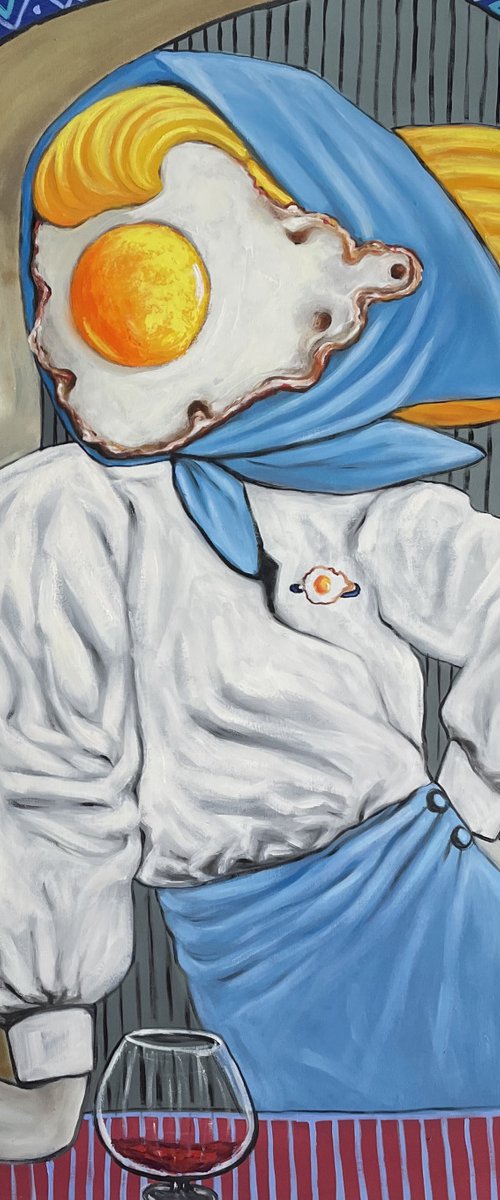 Egg lady enjoying a glass of wine by Ta Byrne