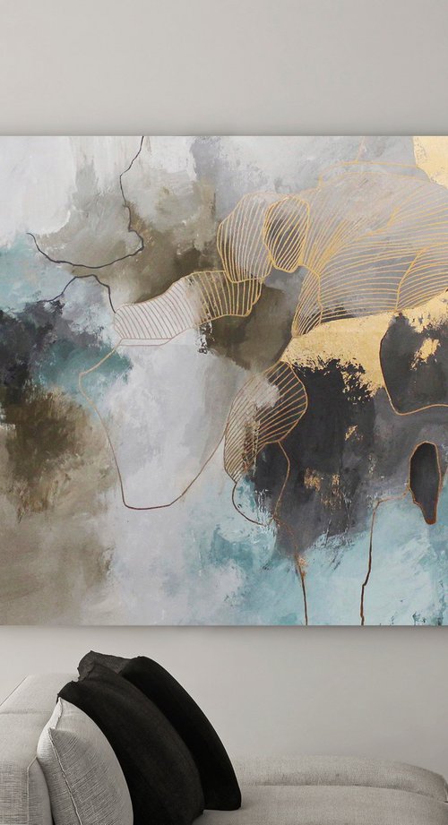 "Twinkle"  Teal gold abstract acrylic art by Yana Sagan