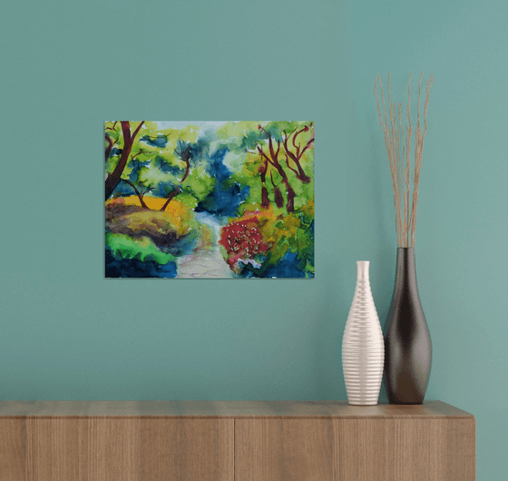 Blooming forest abstract landscape, original watercolor painting, Botanical garden