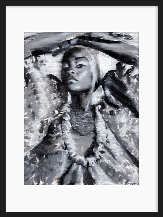 Fedola | Black and white woman female fashion oil painting on paper | beautiful powerful black lady