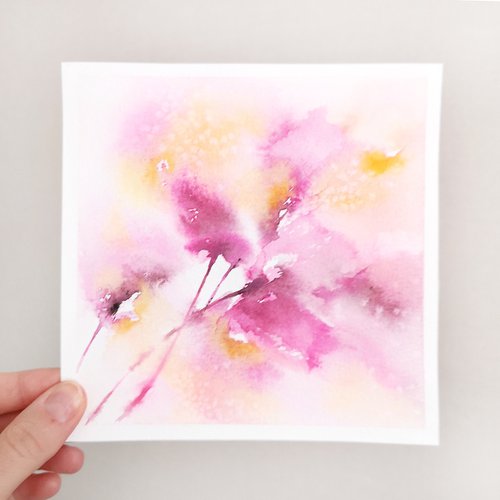 Small floral card, watercolor loose flowers, pink floral miniature painting by Olga Grigo