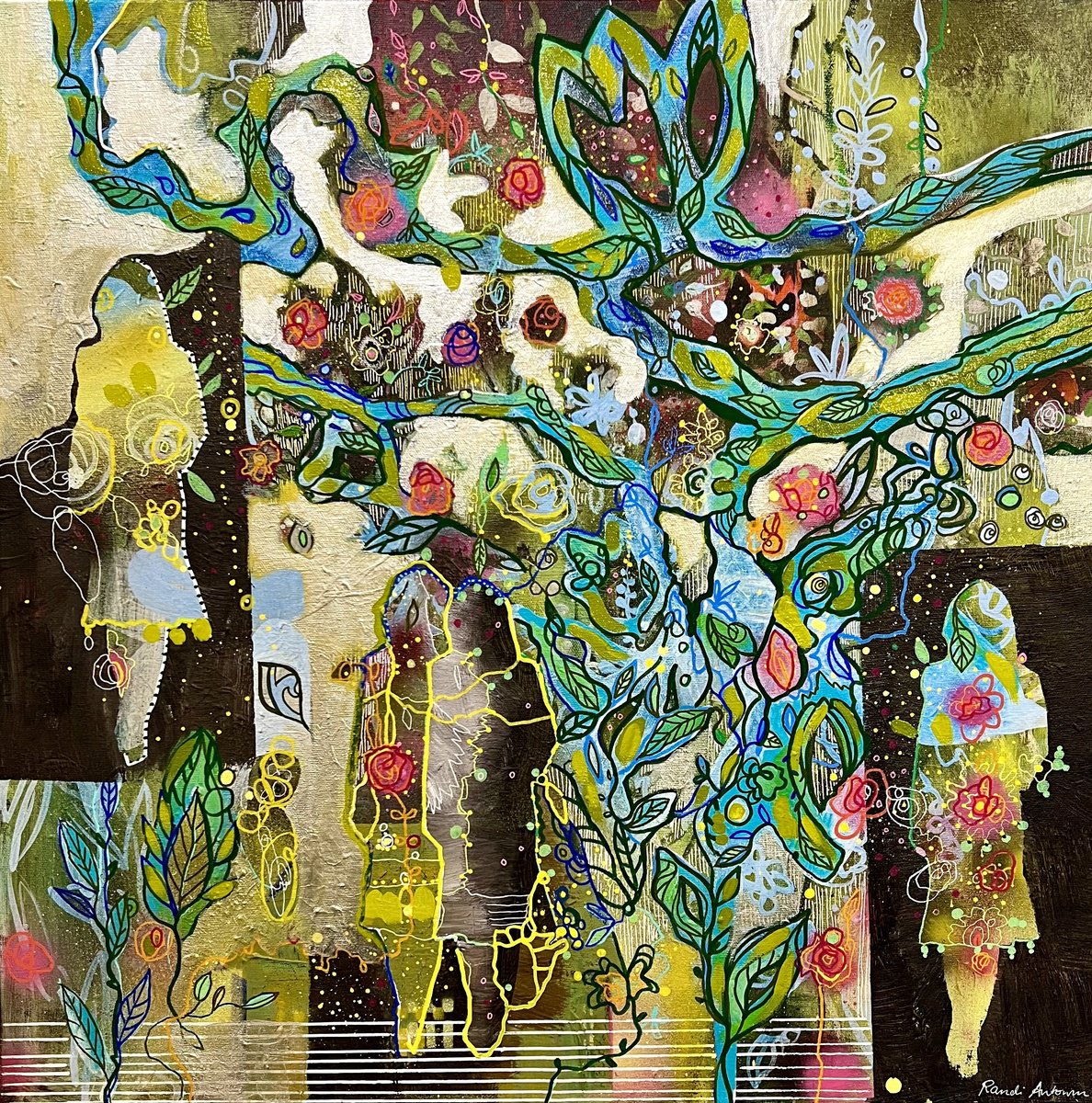 Organic Abstract Acrylic Painting By Randi Antonsen, 24 X 24", A Walk In The Subconscious Wood, Original Artwork