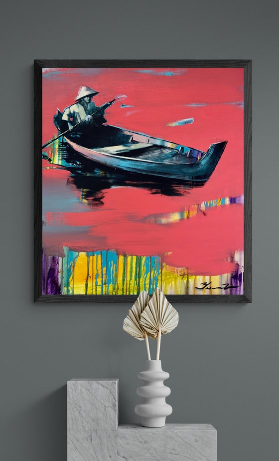 Big painting - "Fisherman in old boat" - Pop Art - Lake - Boat - Bright seascape - Boat
