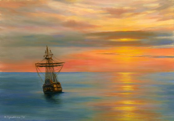 The way to the sunset - ship painting, sunset oil painting, ocean painting, home decor, gift idea