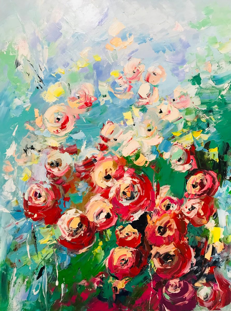 Abstract Botanical Oil Painting By Svitlana Andriichenko, 26 X 33", Rose Garden, Original Artwork
