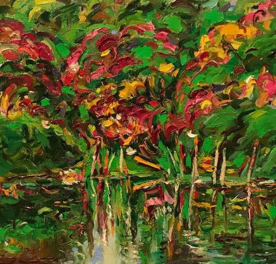 POND. AUTUMN - landscape art, original oil painting, fall