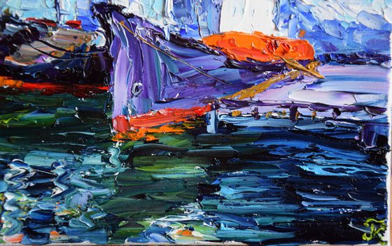 Palette knife oil painting Two Ships in Reykjavik port Iceland