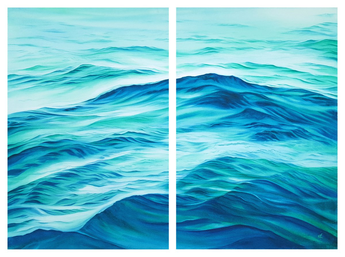 Seascape and waves (30x22 inch) Diptych by Svetlana Lileeva