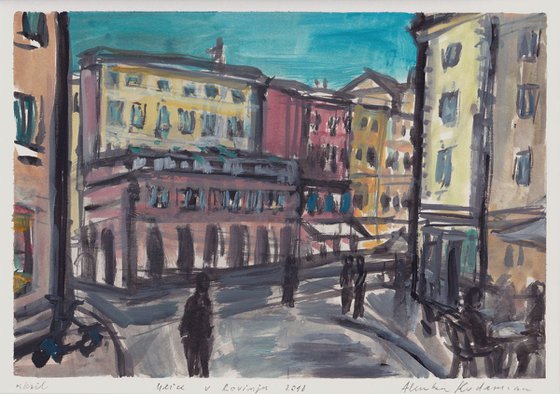 Ulice v Rovinju / Streets in Rovinj, 2018, acrylic on paper, 20,8 x 29,5 cm