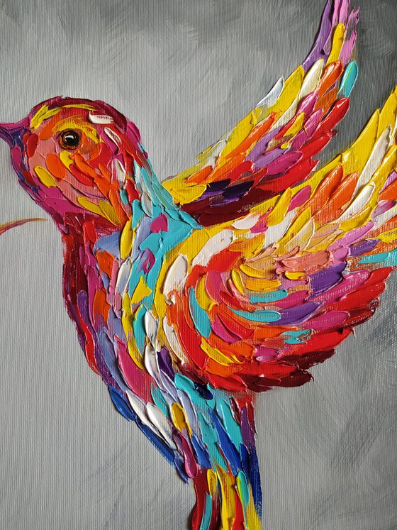 To meet love - birds, hummingbirds, love, animals oil painting, art bird, impressionism, palette knife, gift.