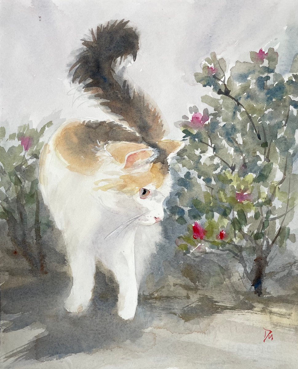 Cat and azalea by Shelly Du