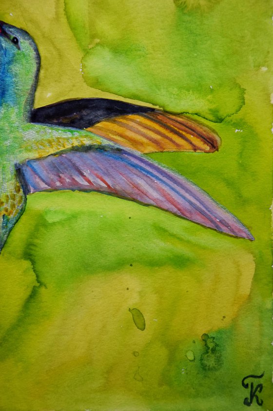 Hummingbird Watercolour Painting, Flower Original Artwork, Tropical Home Decor