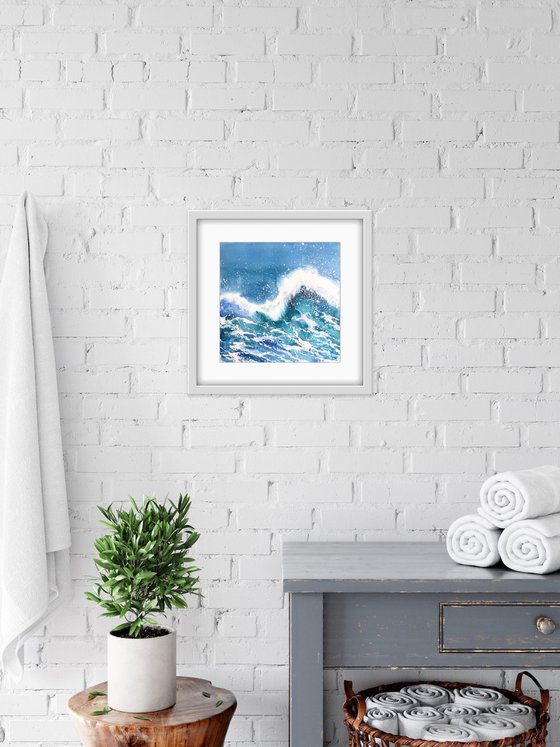 Sea wave with splashes and drops. Original watercolor artwork.