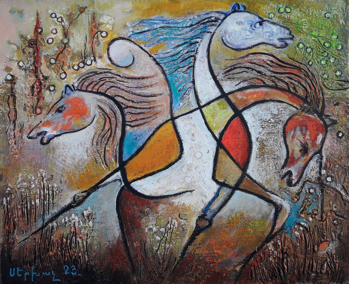 Abstract Animal Oil Painting By Sergey Xachatryan, 20 X 16", Abstract - Horses, Original Artwork