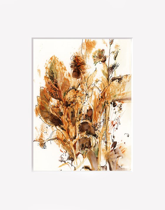 Abstract Botanical Mixed Media Diptych, Herbs and Flowers in Burnt Orange and Earth Colors 2 Paintings Set