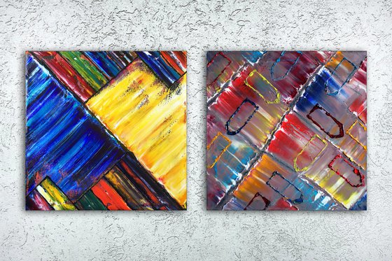 "Are We So Different?" - FREE USA SHIPPING - Save As A Series - Unique PMS Geometric Oil Painting Diptych On Canvas - 40" x 20"