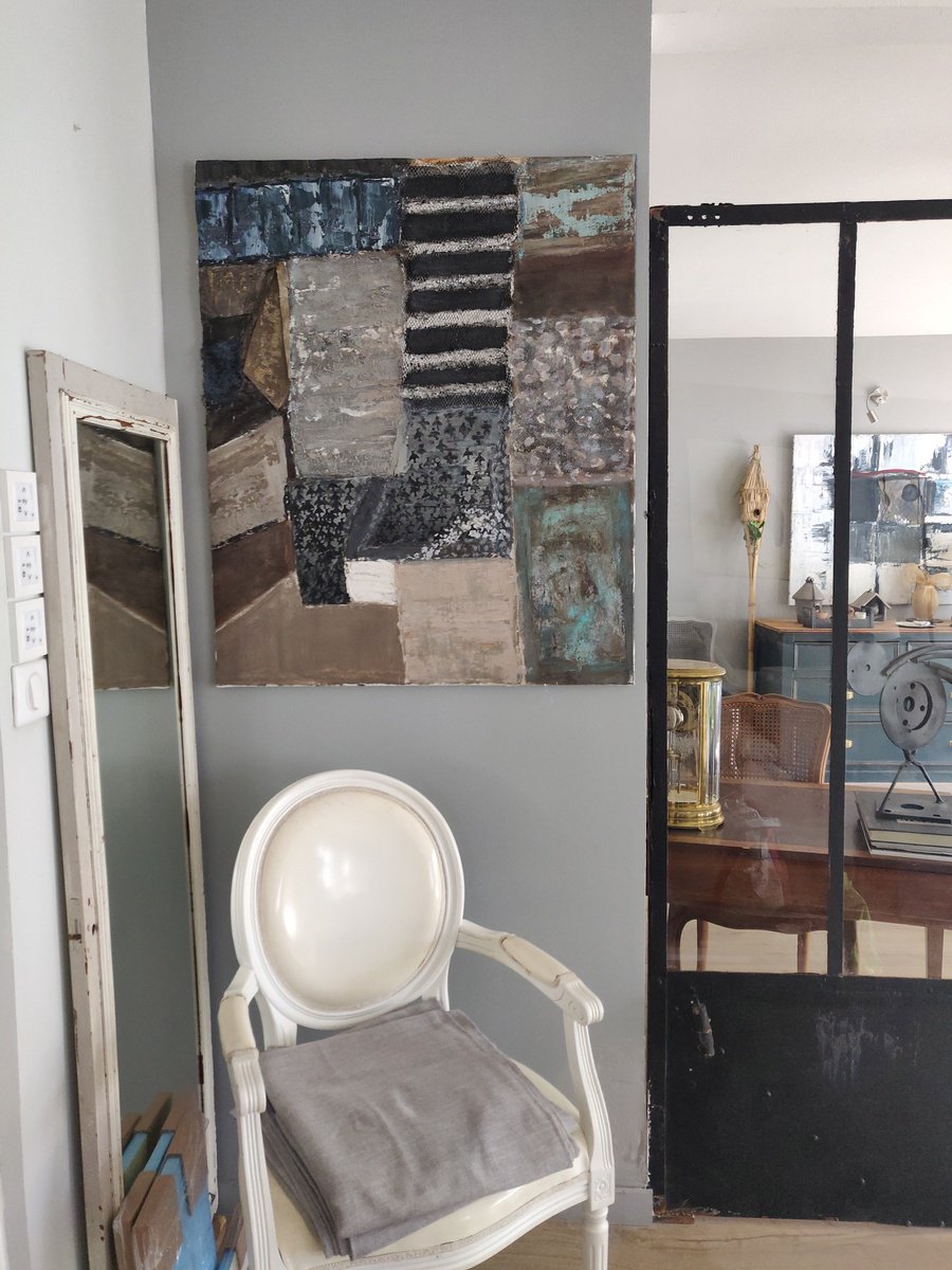 Abstract Acrylic Painting By Sylvie Dodin, 32 X 39", Light Grey, Original Artwork