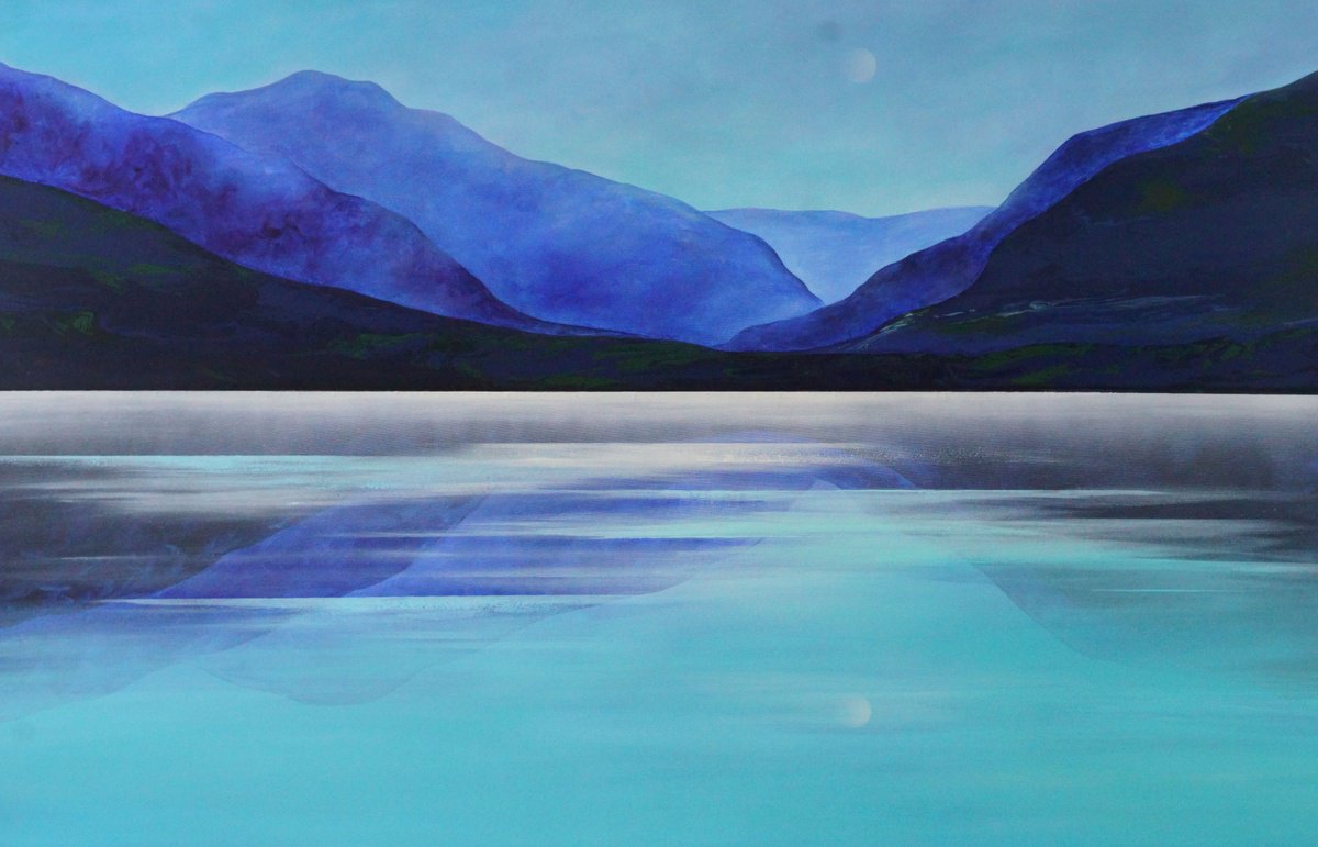 Impressionistic Landscape Acrylic Painting By Vera Hoi, 55 X 35", "Moonlight On Lake Millstatt", Original Artwork