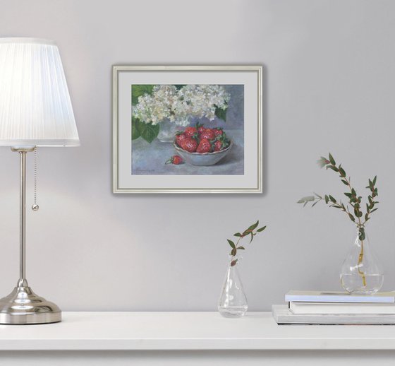 Still life with Hydrangea and strawberry original oil painting