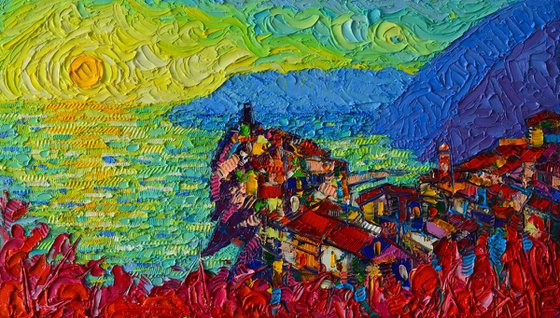 CINQUE TERRE ITALY 17 modern impressionist abstract cityscape impasto palette knife oil painting