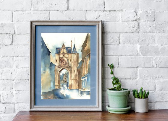 "Walk in the Medieval City" architectural artwork in watercolor