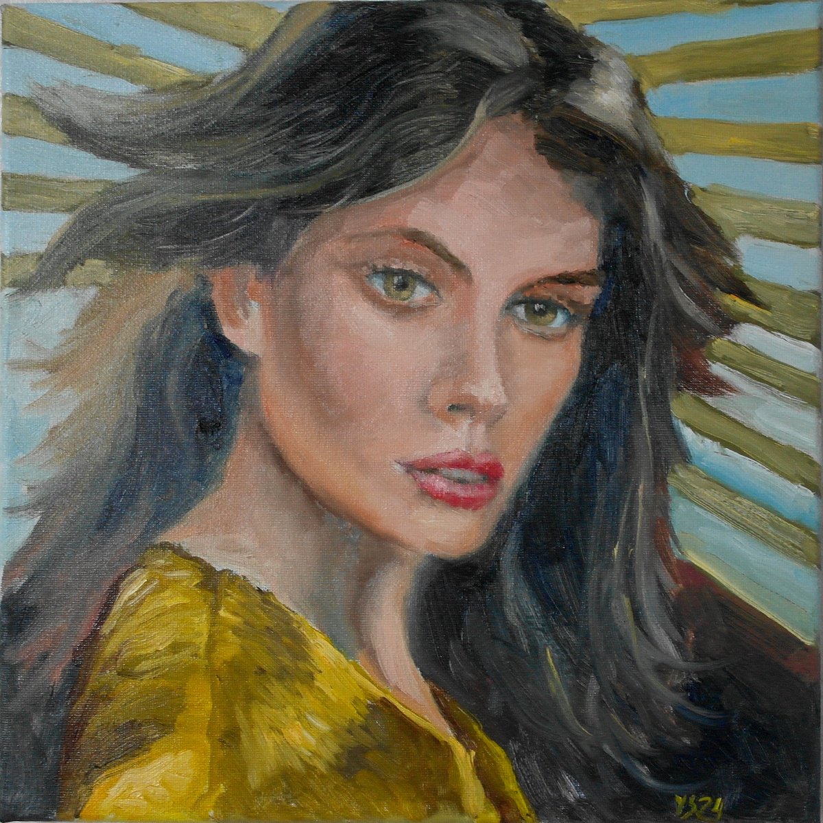 Impressionistic Portrait Oil Painting By Juri Semjonov, 12 X 12", Golden Lady, Original Artwork