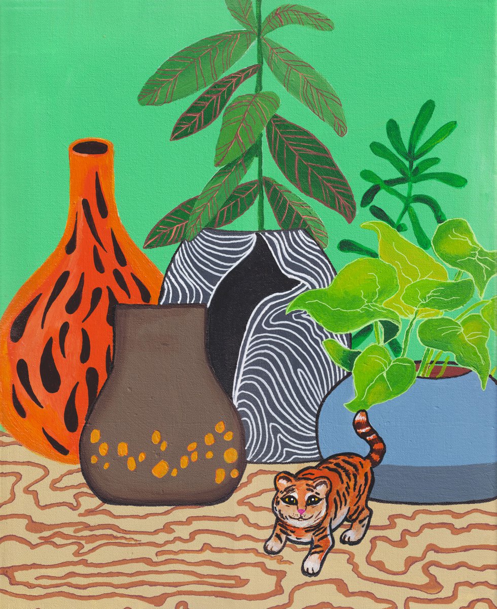My pet tiger Maximalist Modern Matisse-Inspired Original Painting by Alexandra Dobreikin