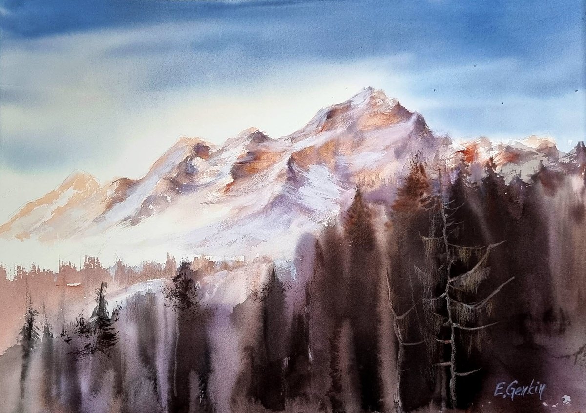 Impressionistic Landscape Watercolour By Elena Genkin, 16 X 12, Sunrise Mountains, Original Artwork
