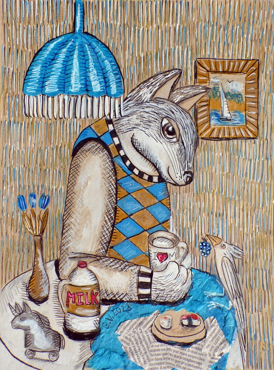 Surrealistic Painting , Milk And Sushi Lover By Elizabeth Vlasova, 9 X 12, Artwork For Sale On Artfinder