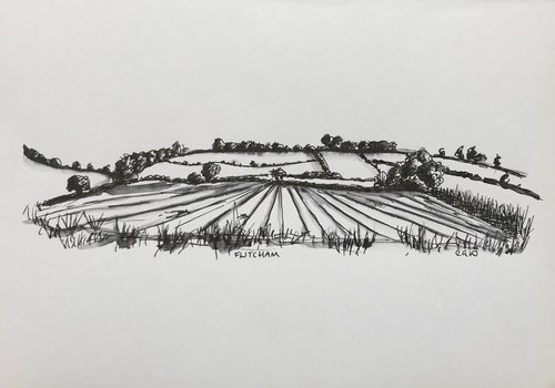 Autumn scene Norfolk Countryside Landscape Drawing in Pen and Ink - Traditional English Landscape by Catherine Winget