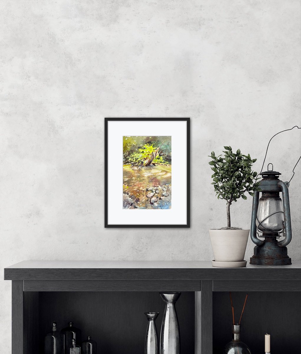 Impressionistic Landscape Watercolour By Olha Retunska, 7 X 11", Bx Creek Old Tree Stump, Original Artwork