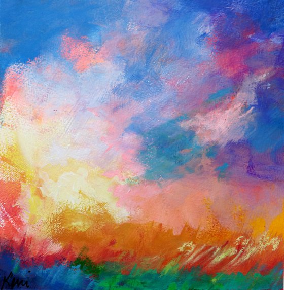 Sunburst 2 6x6" Colorful Sky Cloud Painting Impressionism on Paper