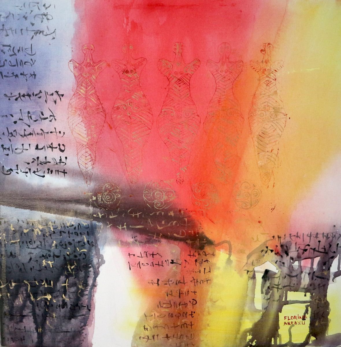 Expressive Abstract Oil Painting By Florina Breazu, 24 X 24, Stars Gate, Original Artwork