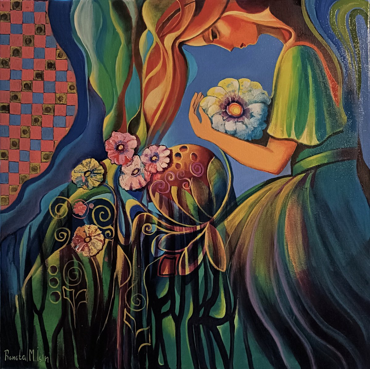 Expressive Portrait Oil Painting By Reneta Isin, 31 X 31", " Forest Nymph ", Original Artwork