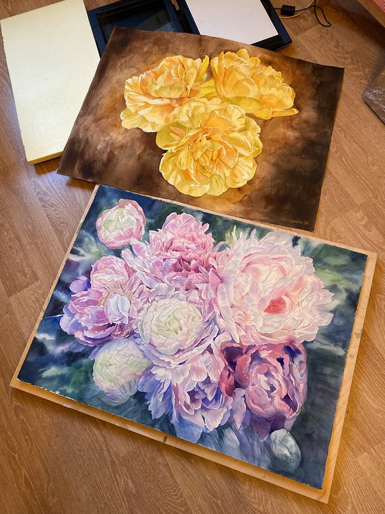 Yellow tulips flower watercolor